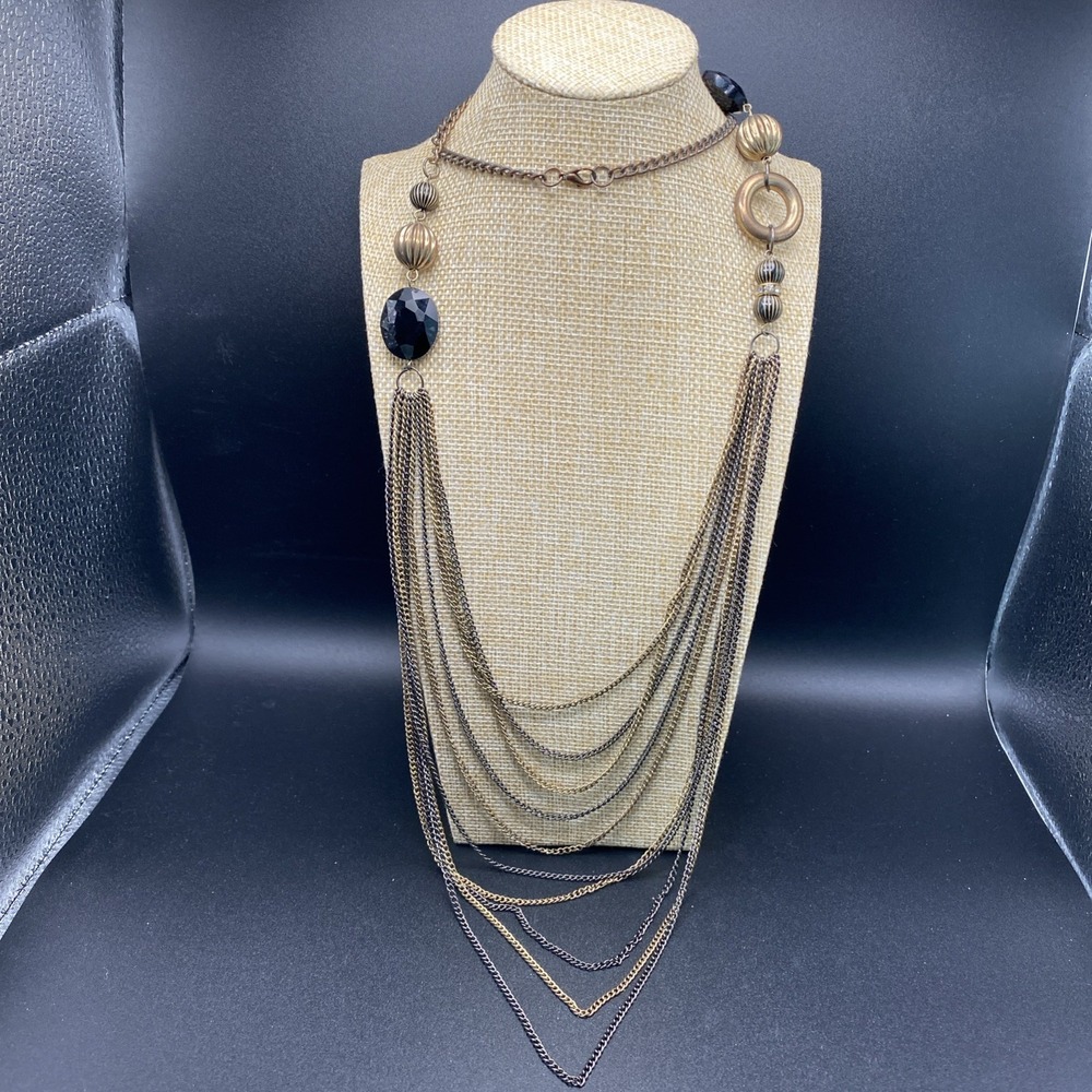Unsigned Mixed Metal Waterfall Necklace Vintage Multi Tone Black 22"